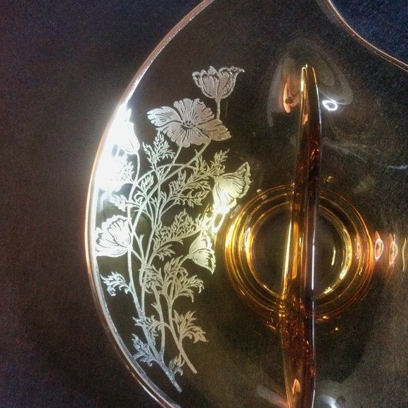 Vintage Amber Divided Dish Silver Flower Rim Plate Curved Tray Unique Home Decor - Picture 4 of 7